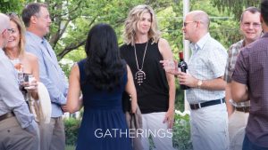 A group of friends outside with drinks with the word GATHERING across the image
