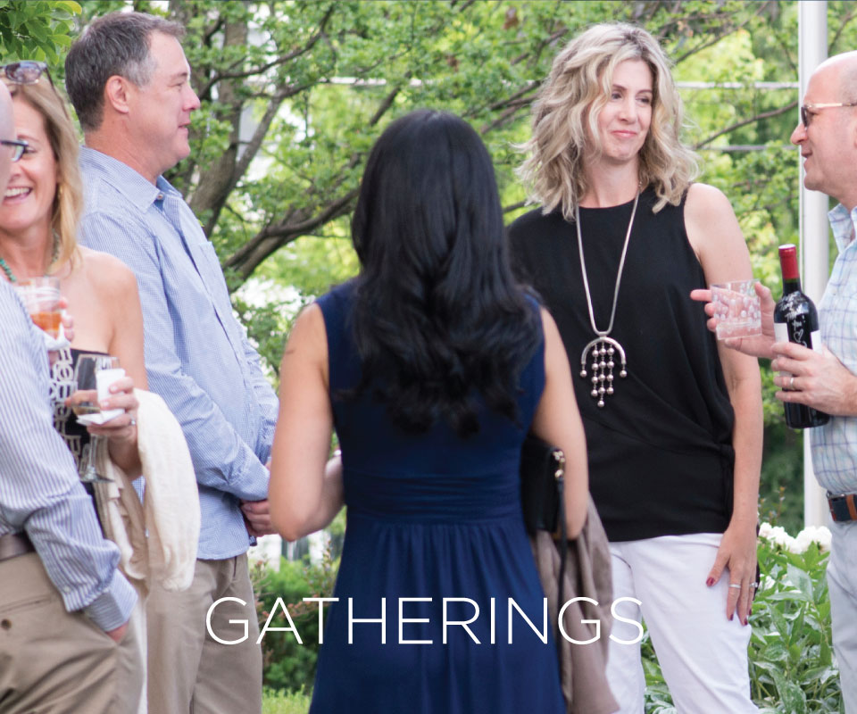 Mobile version of a group of friends outside with drinks with the word GATHERING across the image