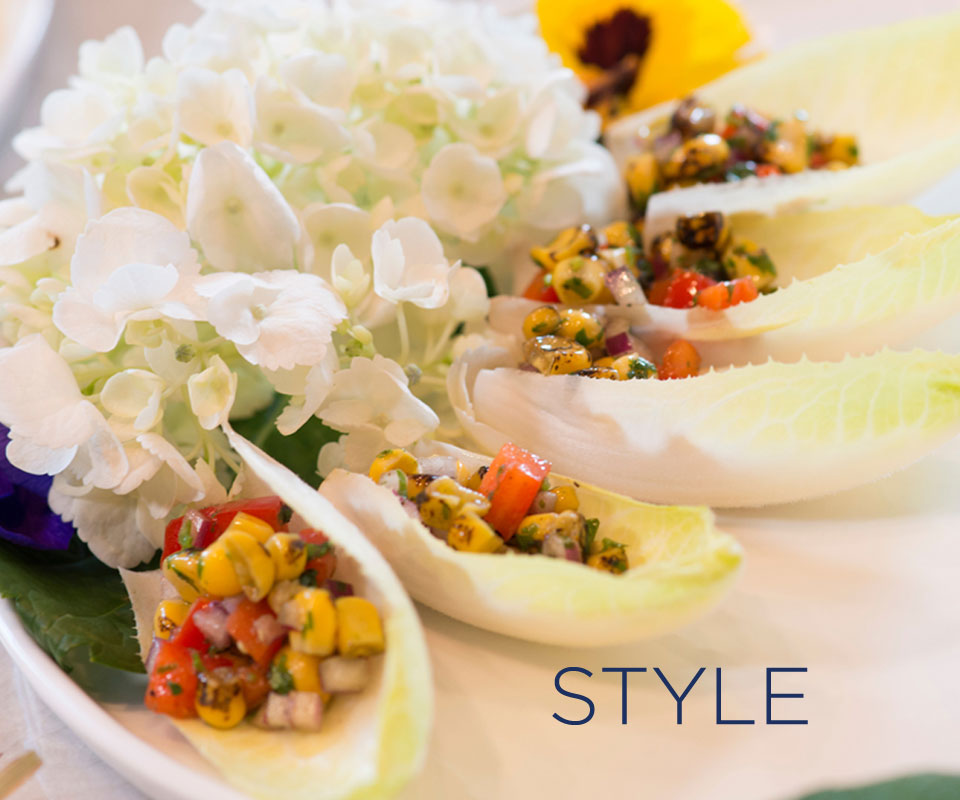 Mobile version of endive appetizer closeup artfully arranged with hydrangeas with the word STYLE over the image